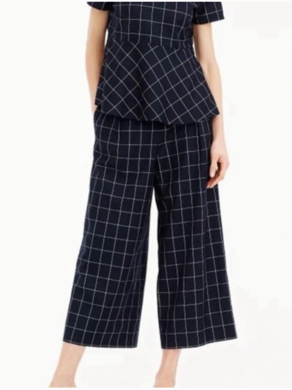 J Crew Wide Leg Crop Pants Womens 10 Navy Blue Windowpane Plaid Academia J3954